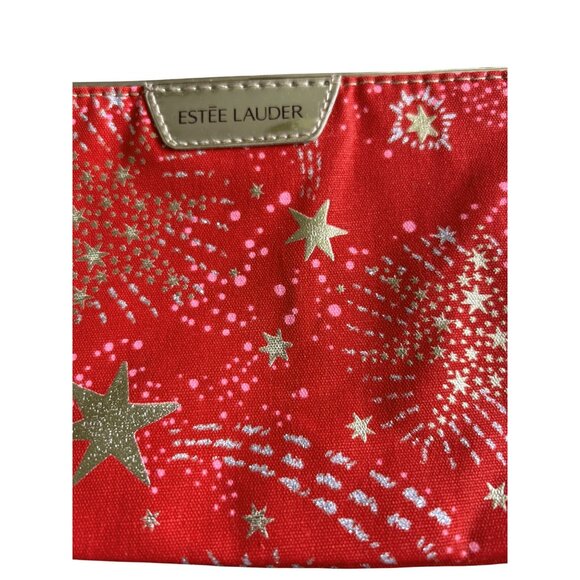 Estée Lauder Red & Gold Starburst Zip Top Cosmetic Bag + Bonus Lipstick - Picture 2 of 10